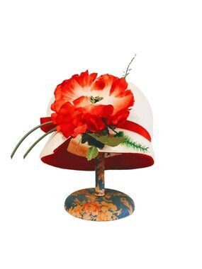 Vintage 1960s Designer White Bubble Cloche Hat With A Large Red Flower Front